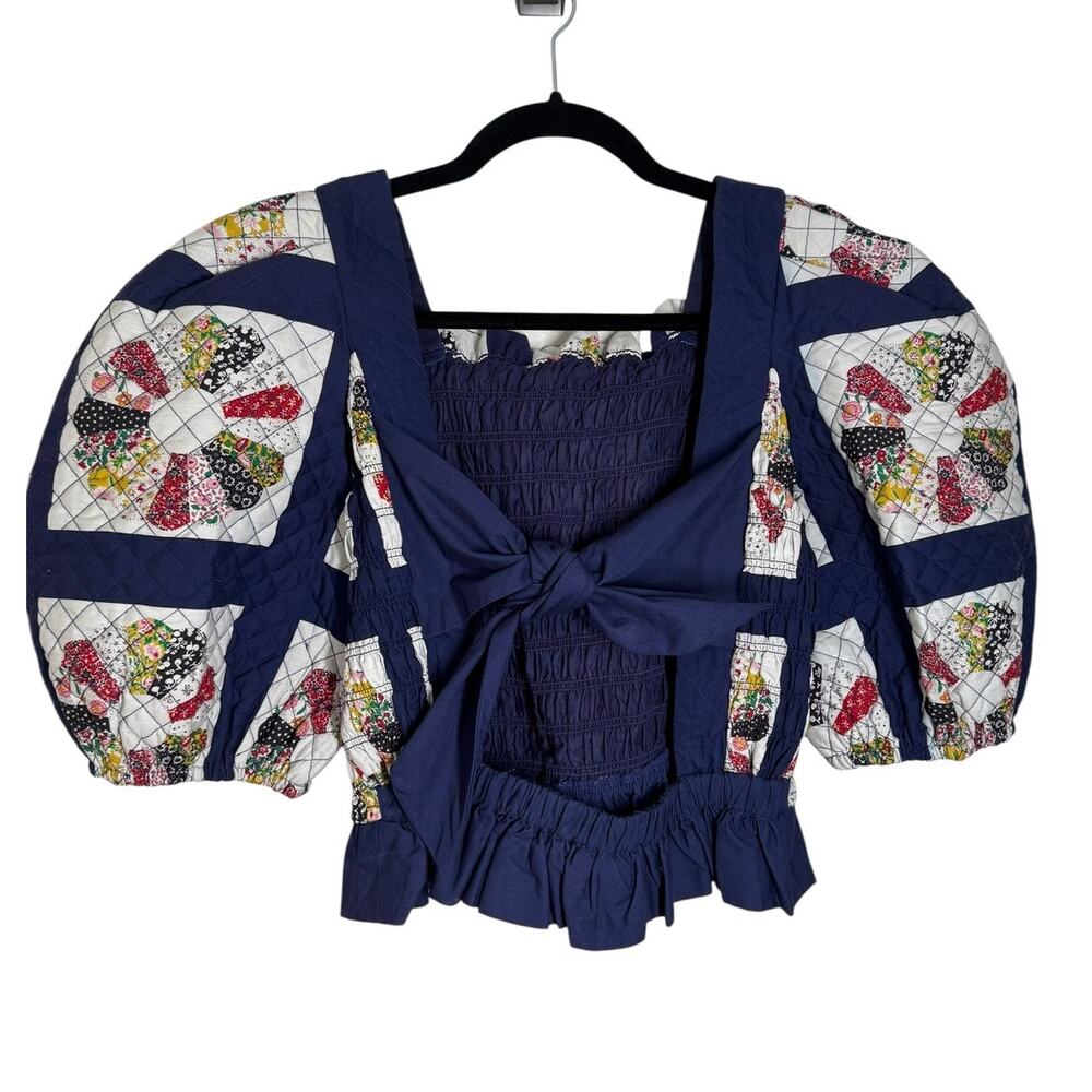 Sea New York Pippin Patchwork‎ Top Puff Sleeve Ruched Open Back 6 Cottagecore - Picture 8 of 9